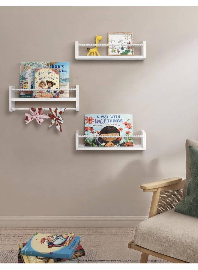 Nursery Bookshelves, White Nursery Shelves Storage Books Toys Wall Mount Kids Bookshelf Nursery Decor with Towel Bar Floating Book Shelves for Kids Room Set of 3  - Image 1