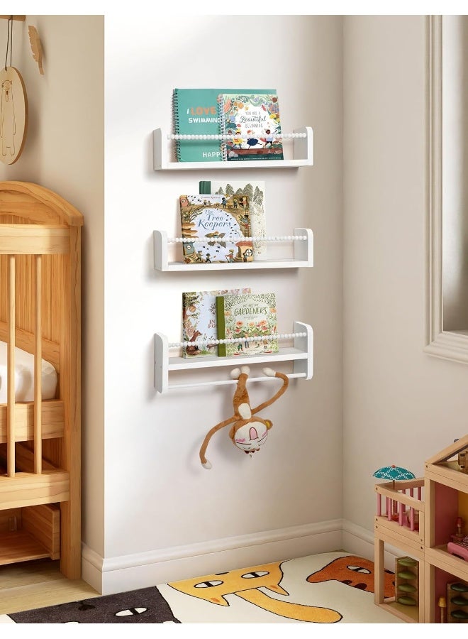 Nursery Bookshelves, White Nursery Shelves Storage Books Toys Wall Mount Kids Bookshelf Nursery Decor with Towel Bar Floating Book Shelves for Kids Room Set of 3  - Image 3