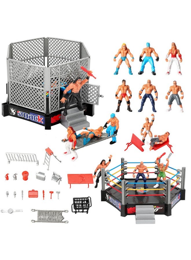 HAPTIME 32Pcs Wrestling Toys for Kids, Wrestlers Playset with 12 Wrestling Action Figures, Wrestling Rings, Many Realistic Accessories, Toy Figures & Playset Gift for 2 3 4 5 6 Boys Girls, Cool Cake Toppers  - Image 1