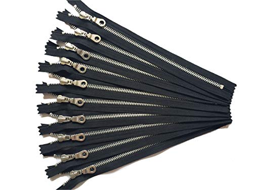 Craftbot YKK Aluminum Metal Zippers with Donut Pull 10 Inch Number 5 in Black Silver Teeth Set of 12 Pieces by Craftbot - Image 1