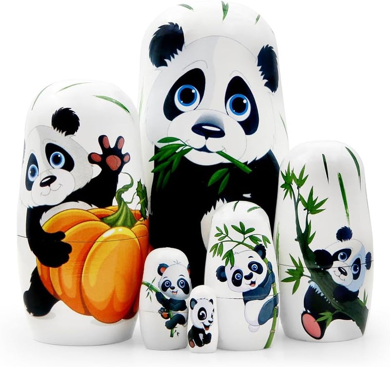 Winterworm Set of 6 Panda Family Nesting Dolls Black and White Panda with Bamboo Wooden Russian Doll Lovely Animal Matryoshka Dolls Stacking Dolls for Kids Boys Girls Christmas Birthday Toy Gift  - Image 1