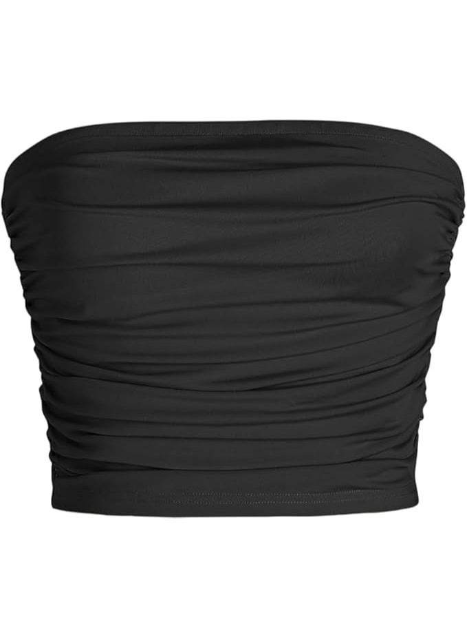 Strapless Ruched Crop Top, Women's Ruched Slim Fit Crop Bandeau Tops Strapless Sleeveless Basic Simple Tube, M - Image 1