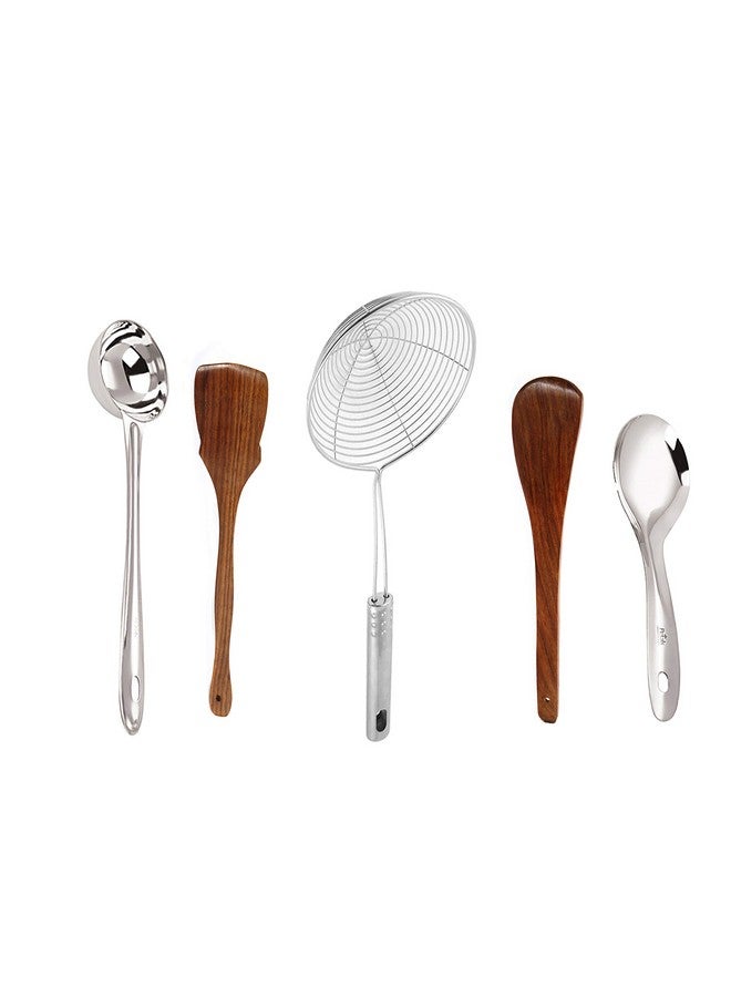 Petals Stainless Steel and Wooden Cooking Serving Spoons/Spatulas/Turners, 5-Pieces Set, 29.5cm