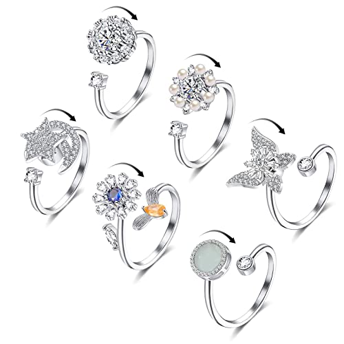 Honsny 6Pcs 14K Gold Plated Anxiety Rings for Women Adjustable Spinner Anxiety Ring CZ Butterfly Bee Moon Star Fidget Rings for Anxiety Stress Relief for Women - Image 1
