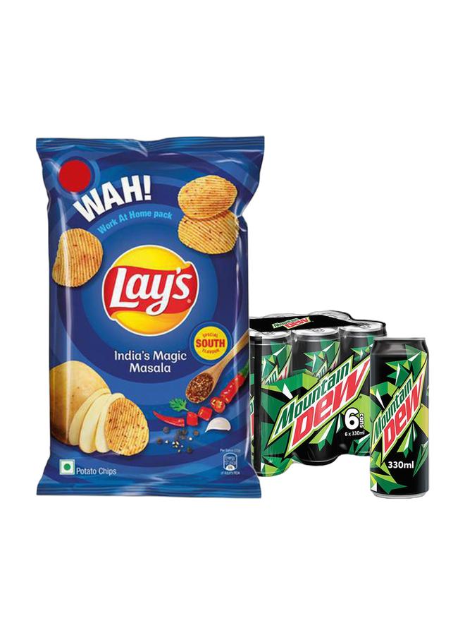 Mountain Dew رقائق لاي الهندية بنكهة السحر 80 جرام + علب مشروب غازي ماونتن ديو 330 مل عبوة من 6 - Image 1
