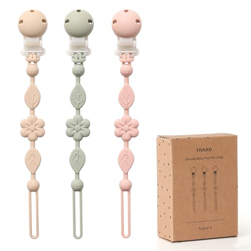 YIVEKO Pacifier Clips for Baby Silicone Pacifier Holder Clips for Boys Girls One Piece Baby Binky Clips YIVEKO Pacifier Clips Flower 3Pcs-Ivory+Sage+Blush - Image 1