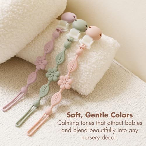 YIVEKO Pacifier Clips for Baby Silicone Pacifier Holder Clips for Boys Girls One Piece Baby Binky Clips YIVEKO Pacifier Clips Flower 3Pcs-Ivory+Sage+Blush - Image 4