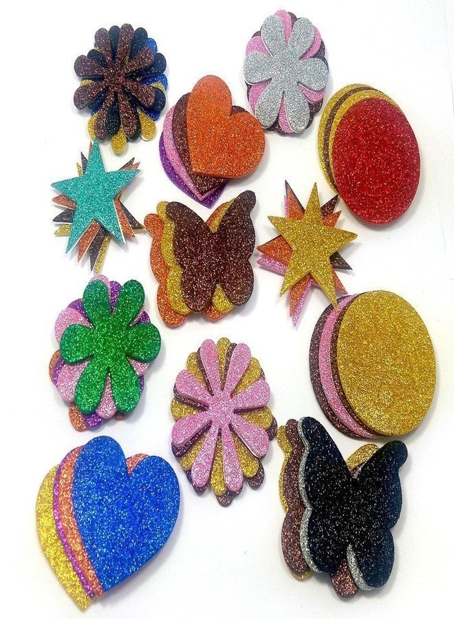 Paraspapermart Glitter Foam Self Adhesive Stickers - Pack of 50 | Mixed Shapes for Creative Fun | Easy to Peel and Stick