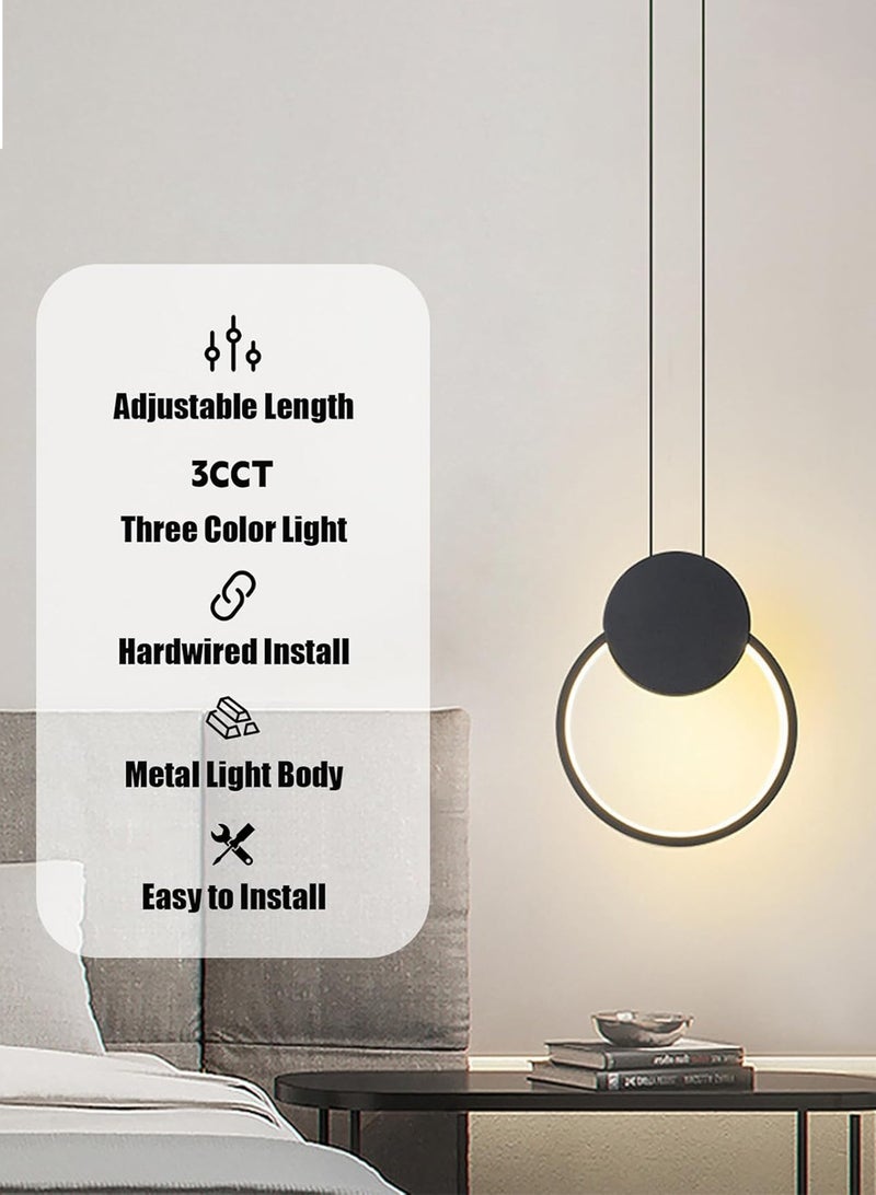 LOOPITYS 2-piece modern pendant light (circular black, diameter 20CM/7.9 inches, adjustable length 180cm, three color temperature 3000K-6000K) metal pendant light, adjustable power cord, suitable for kitchen island, bedroom, bedside, bathroom, corridor - Image 5