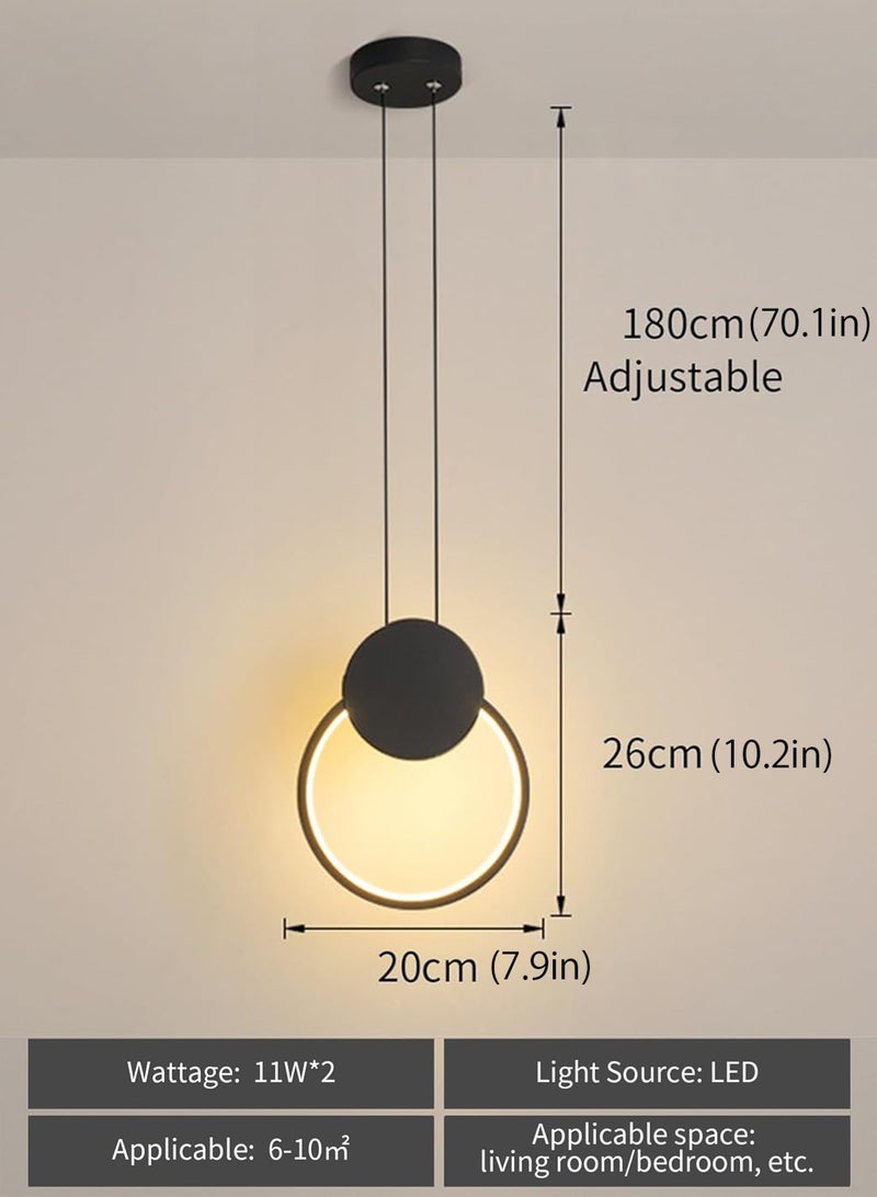 LOOPITYS 2-piece modern pendant light (circular black, diameter 20CM/7.9 inches, adjustable length 180cm, three color temperature 3000K-6000K) metal pendant light, adjustable power cord, suitable for kitchen island, bedroom, bedside, bathroom, corridor - Image 3