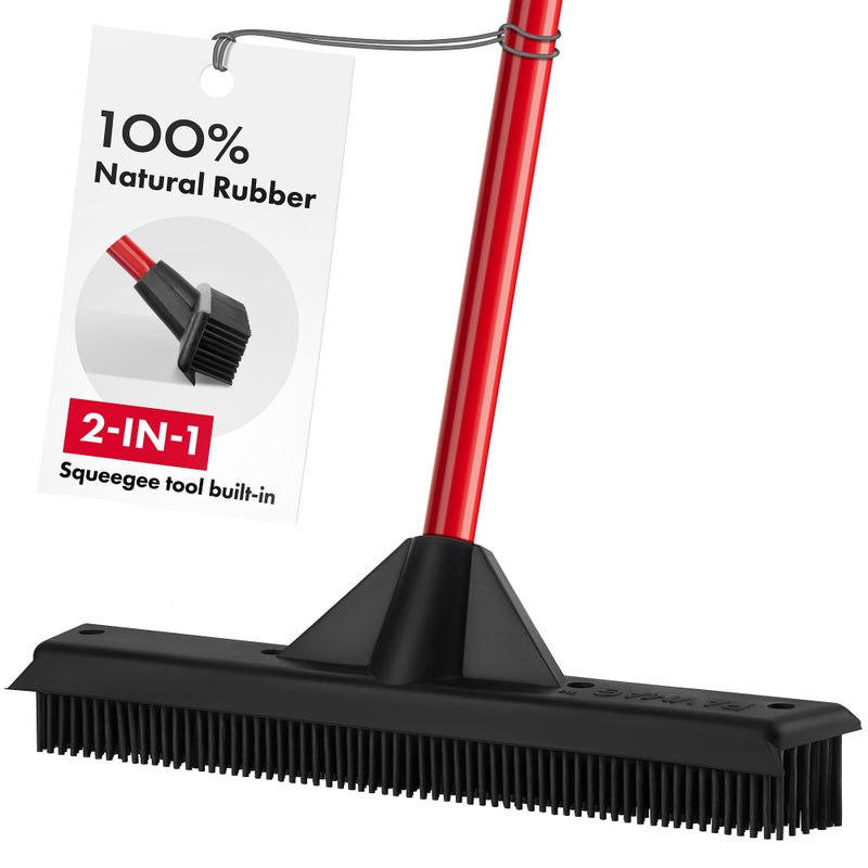 Pet Hair Remover Rubber Broom with Built in Squeegee  Carpet Rake for Pet Hair Removal on Hardwood Floor Carpet  Tile  Picks Up More Dust  Debris  Rinse to Clean