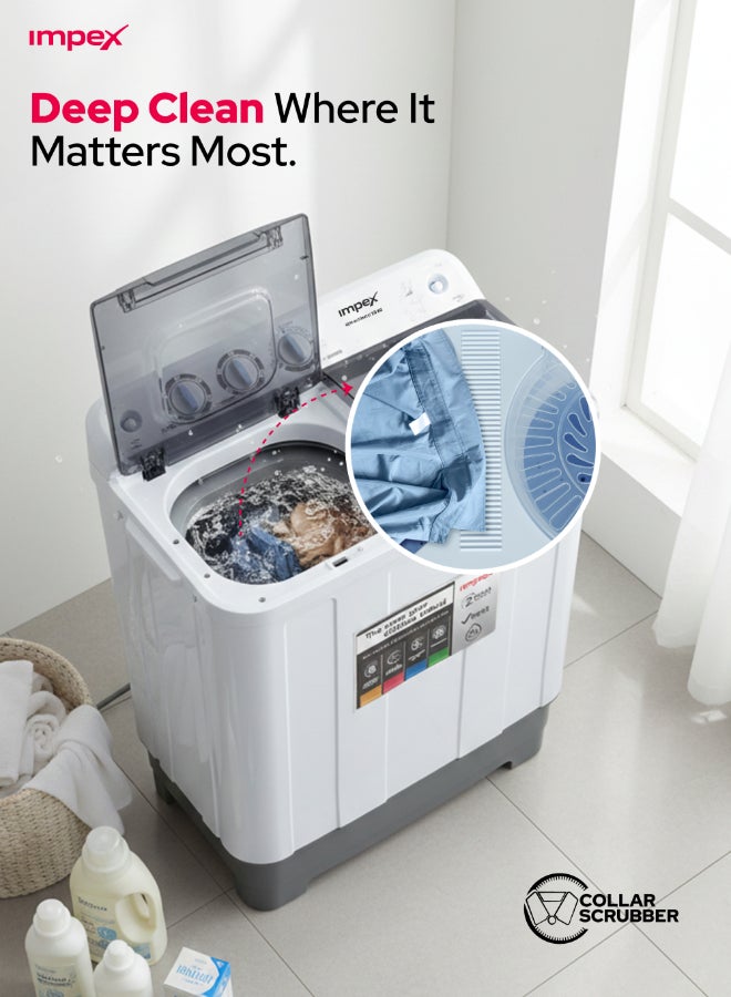 Impex 7KG Semi Automatic Washing Machine, Twin Tub Washer with 5KG Spin Dryer, Air Turbo, Collar Scrubber, Transparent Window, Rust-Free Body, Low Noise Motor, 15 Min Wash, 350W Wash Power - WM 4204A 7 kg WM 4204A Black/White/Grey - Image 3