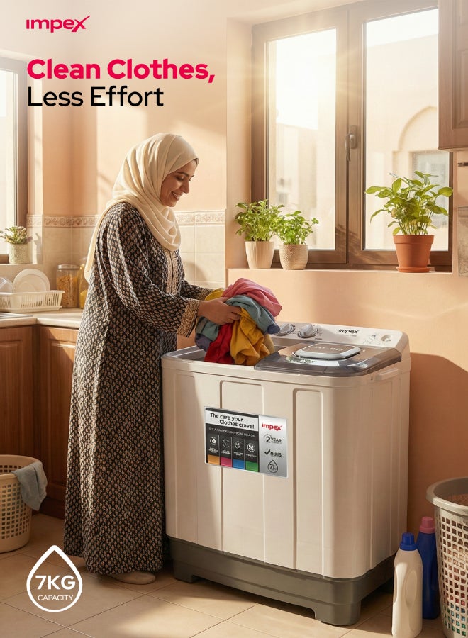 Impex 7KG Semi Automatic Washing Machine, Twin Tub Washer with 5KG Spin Dryer, Air Turbo, Collar Scrubber, Transparent Window, Rust-Free Body, Low Noise Motor, 15 Min Wash, 350W Wash Power - WM 4204A 7 kg WM 4204A Black/White/Grey - Image 4