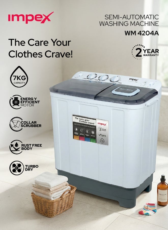Impex 7KG Semi Automatic Washing Machine, Twin Tub Washer with 5KG Spin Dryer, Air Turbo, Collar Scrubber, Transparent Window, Rust-Free Body, Low Noise Motor, 15 Min Wash, 350W Wash Power - WM 4204A 7 kg WM 4204A Black/White/Grey - Image 2