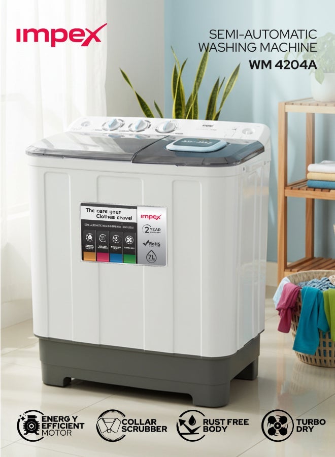 Impex 7KG Semi Automatic Washing Machine, Twin Tub Washer with 5KG Spin Dryer, Air Turbo, Collar Scrubber, Transparent Window, Rust-Free Body, Low Noise Motor, 15 Min Wash, 350W Wash Power - WM 4204A 7 kg WM 4204A Black/White/Grey - Image 1