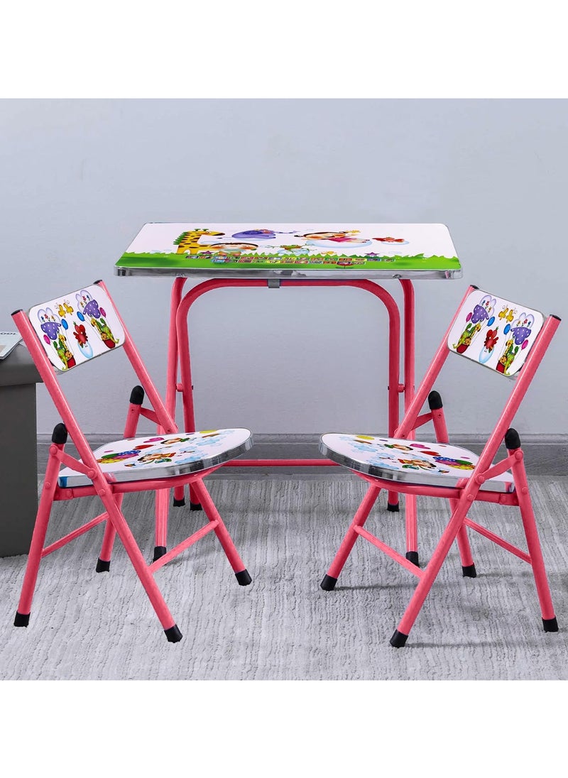 DubaiGallery Children's Table and Chairs, Folding High Chair, Portable Cartoon Activity Table/Desk/Dining Table, for 3-8 Years Boys and Girls - Including Table and 2 Chair 