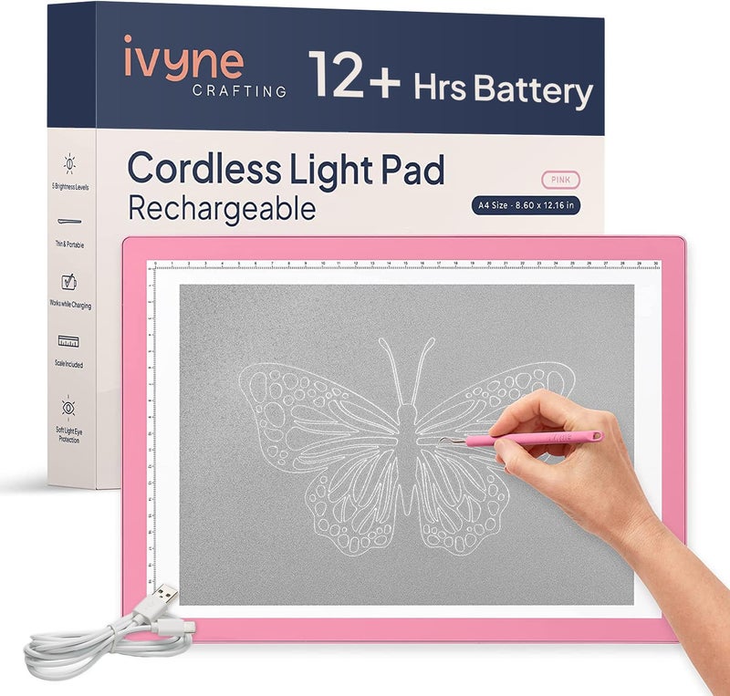 iVyne Rechargeable A4 Light Pad for Tracing & Weeding - LED Light Board for Weeding Vinyl - for Cricut Vinyl Weeding Tools - Ultra-Thin & Portable - Perfect for Artists & Crafters - Pink - Image 1