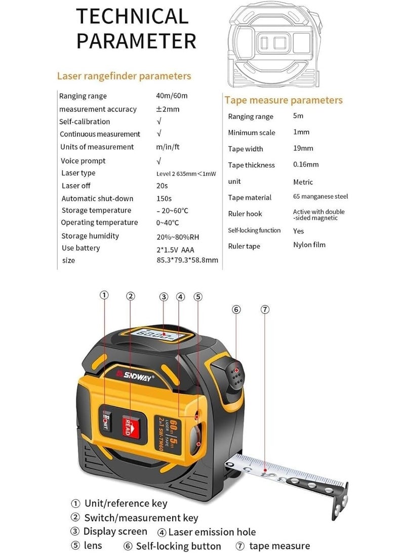 SNDWAY 2-in-1 Laser Measuring Tool and Tape Measure with LCD Screen – 40m/131ft Industrial Measuring Device, High Accuracy for Area and Volume Measurement, Unit Conversion to Feet, Inches, and Meters, Digital Distance Meter Ideal for Construction and DIY Projects - Image 5