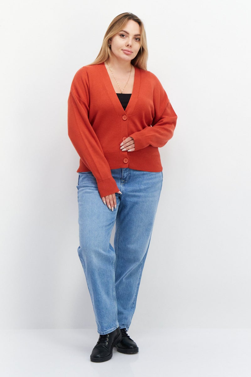 Tahari سويت شيرت مز textured بأكمام طويلة على شكل V للنساء، برتقالي - Image 2