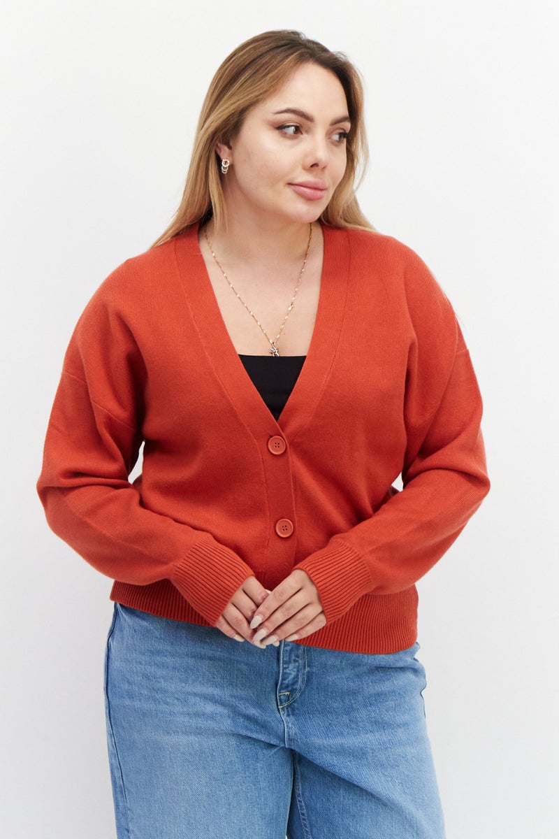 Tahari سويت شيرت مز textured بأكمام طويلة على شكل V للنساء، برتقالي - Image 1