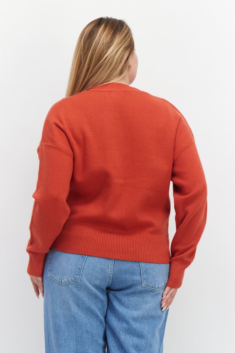 Tahari سويت شيرت مز textured بأكمام طويلة على شكل V للنساء، برتقالي - Image 4