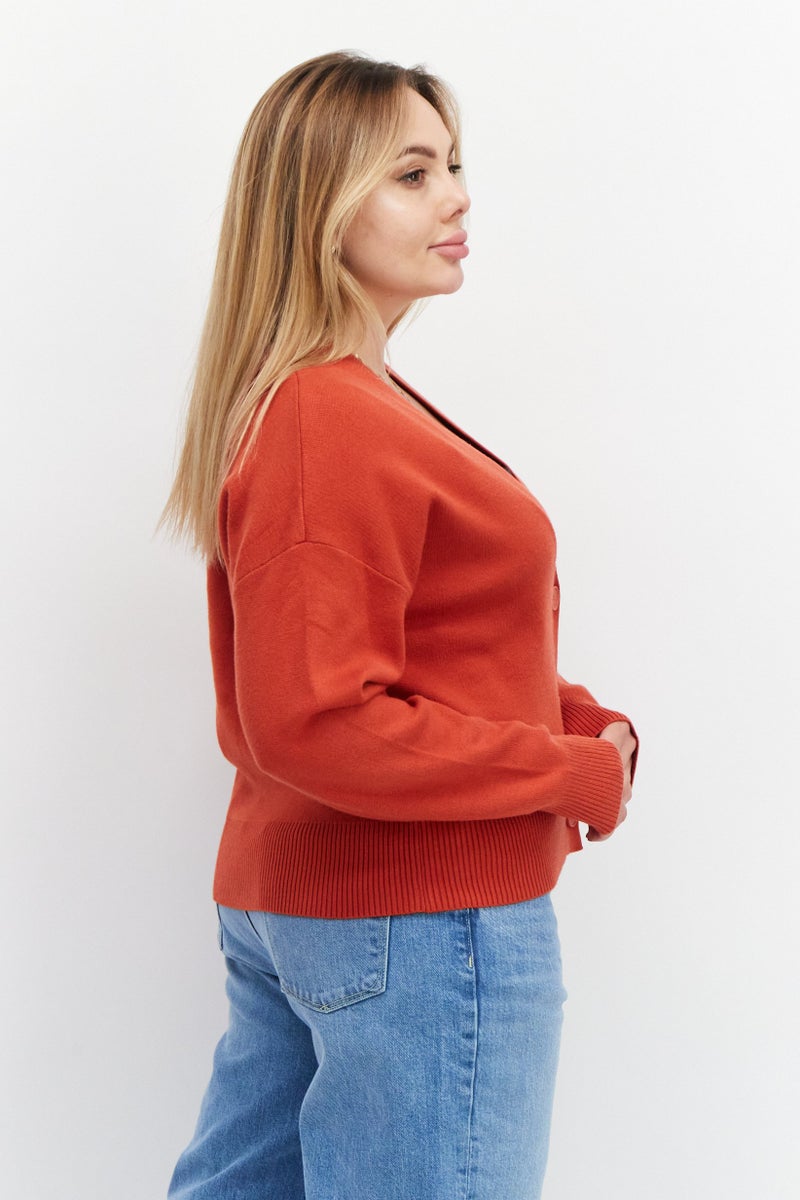 Tahari سويت شيرت مز textured بأكمام طويلة على شكل V للنساء، برتقالي - Image 3