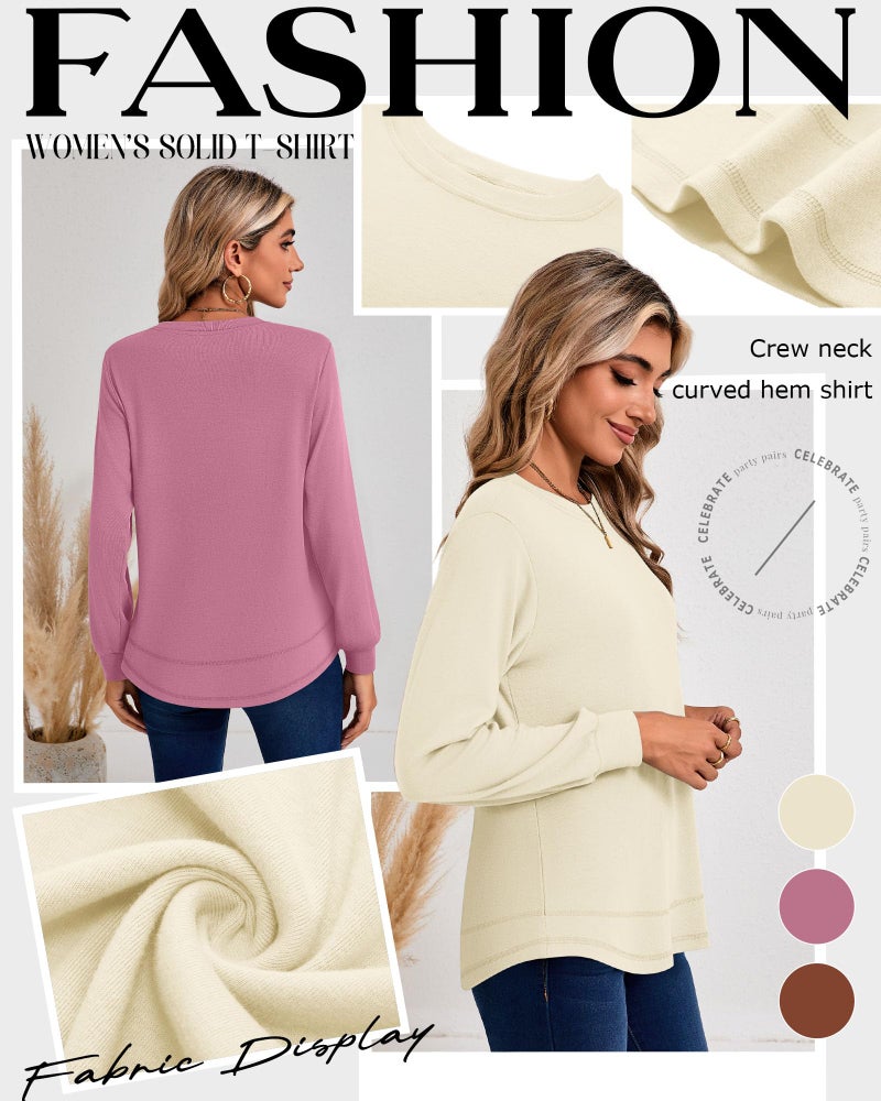 Ficerd 3 Pack Women's Long Sleeve Shirts, Cotton Crew Neck Tunic Tops Casual Loose Fit Pullover Sweatshirts Curved Hem Shirts(Caramel, Pink, Cream,Medium) - Image 4