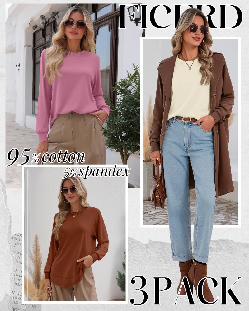 Ficerd 3 Pack Women's Long Sleeve Shirts, Cotton Crew Neck Tunic Tops Casual Loose Fit Pullover Sweatshirts Curved Hem Shirts(Caramel, Pink, Cream,Medium) - Image 2