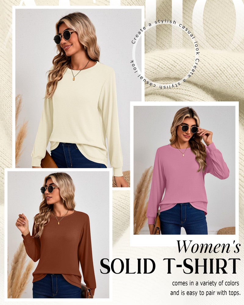 Ficerd 3 Pack Women's Long Sleeve Shirts, Cotton Crew Neck Tunic Tops Casual Loose Fit Pullover Sweatshirts Curved Hem Shirts(Caramel, Pink, Cream,Medium) - Image 5