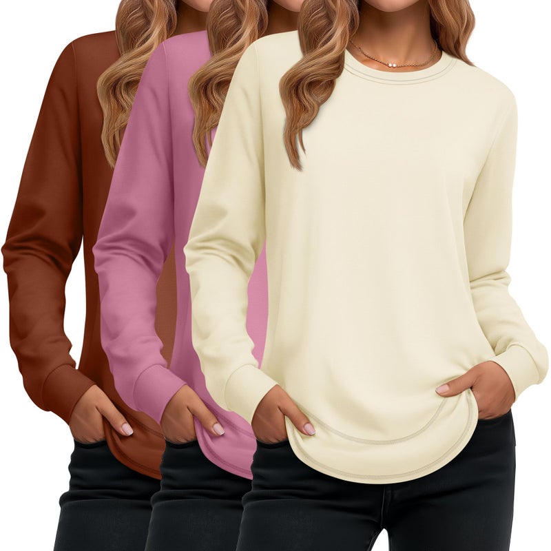 Ficerd 3 Pack Women's Long Sleeve Shirts, Cotton Crew Neck Tunic Tops Casual Loose Fit Pullover Sweatshirts Curved Hem Shirts(Caramel, Pink, Cream,Medium) - Image 1