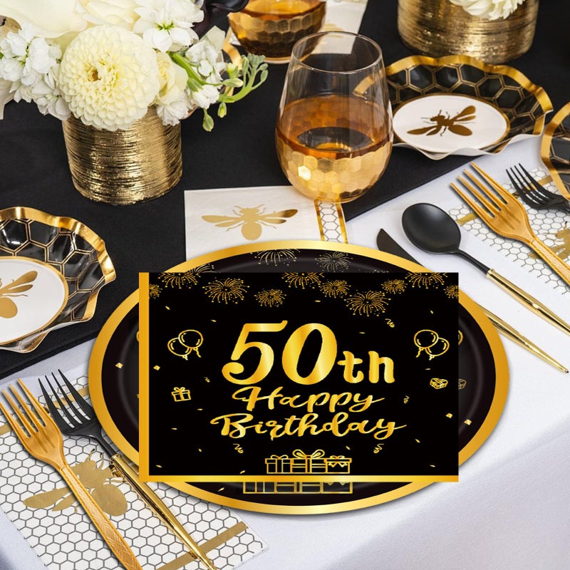LDFDRT 60pcs 50th Birthday Party Paper Plates and Napkins Forks Black Gold Dessert Cake Plates Party Decorations Supplies Serves 20 Guest - Image 2