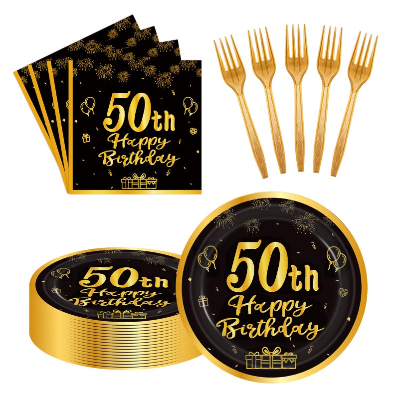 LDFDRT 60pcs 50th Birthday Party Paper Plates and Napkins Forks Black Gold Dessert Cake Plates Party Decorations Supplies Serves 20 Guest - Image 1