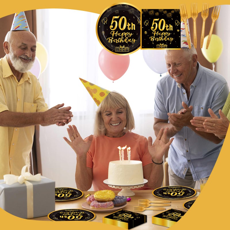 LDFDRT 60pcs 50th Birthday Party Paper Plates and Napkins Forks Black Gold Dessert Cake Plates Party Decorations Supplies Serves 20 Guest - Image 3