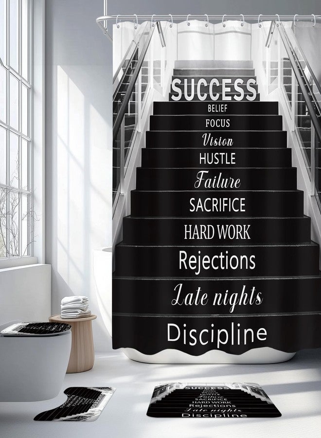 Cinbloo Black and White 4Pcs Shower Curtain Set, Boys Mens Teens Inspirational Positive Quotes Motivational Bathroom Curtain with Rug, Toilet Lid Cover, Bath Mat, Landscape Shower Curtain with 12 Hook - Image 1