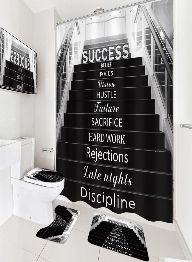Cinbloo Black and White 4Pcs Shower Curtain Set, Boys Mens Teens Inspirational Positive Quotes Motivational Bathroom Curtain with Rug, Toilet Lid Cover, Bath Mat, Landscape Shower Curtain with 12 Hook - Image 3