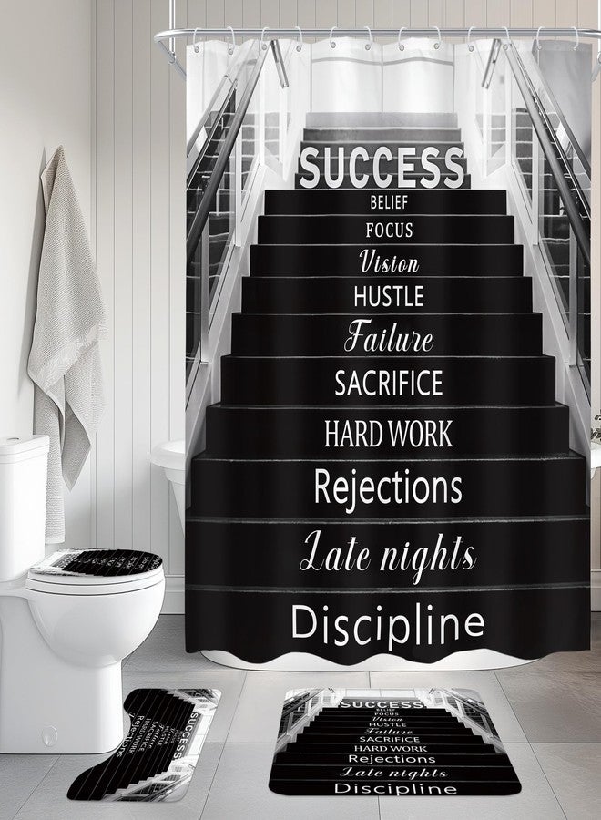 Cinbloo Black and White 4Pcs Shower Curtain Set, Boys Mens Teens Inspirational Positive Quotes Motivational Bathroom Curtain with Rug, Toilet Lid Cover, Bath Mat, Landscape Shower Curtain with 12 Hook - Image 2