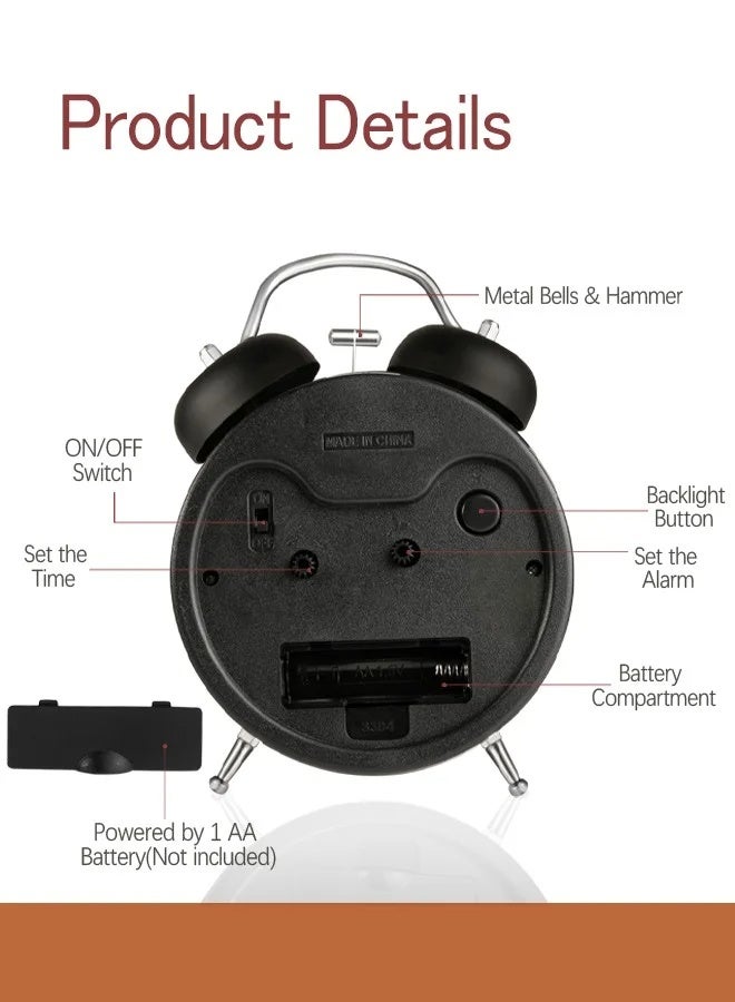 أهاكاك ساعة إنذار توين بيل، ساعة إنذار سمعية مع إضاءة خلفية، ساعة صامتة مناسبة للنوم في غرفة النوم أو المنزل أو المكتب، مثالية لمن يعانون من النوم العميق. - Image 5