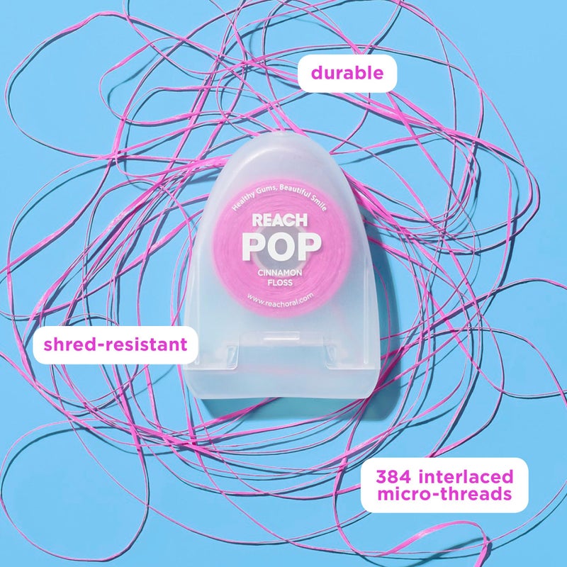 REACH خيط الأسنان REACH POP، قرفة، مزيل البلاك للأسنان، مقاوم للتقطيع، شمع نباتي، خالي من القسوة، تعبئة صديقة للبيئة، العناية بالفم، خالي من PFAS، للبالغين والأطفال، 1 عبوة، 54.6 ياردة - Image 2