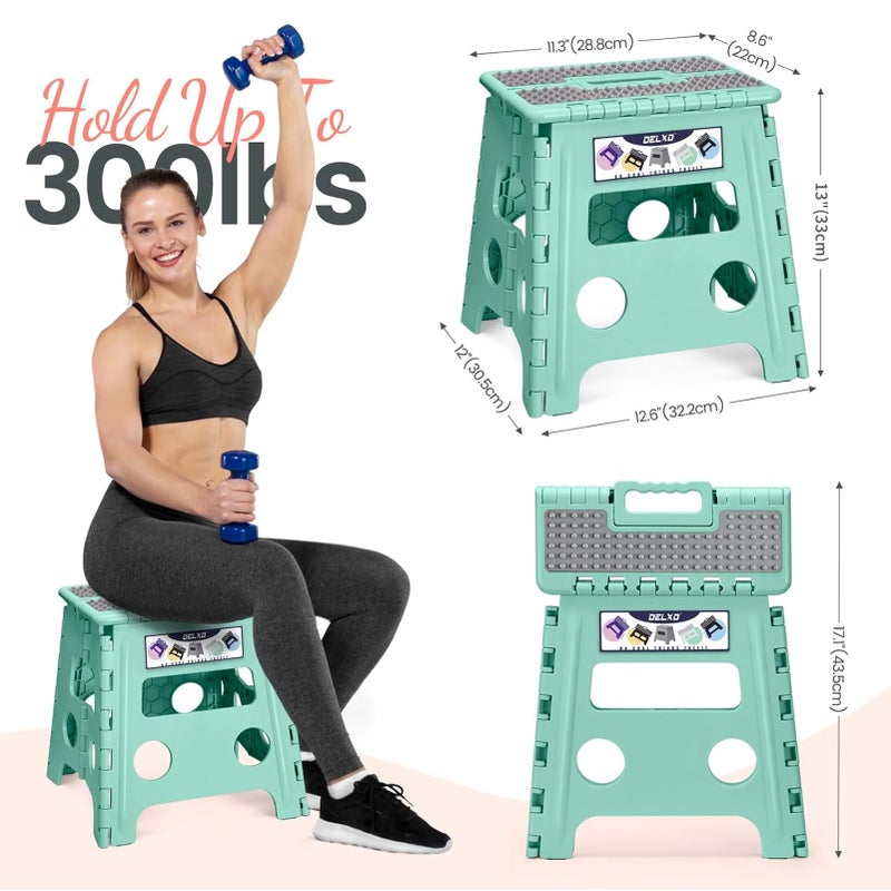 Delxo Folding Step Stool 13 Inch Non-Slip Foldable Stools for Kids & Adults Up to 300 LBS Kitchen Collapsible Fold Up Stepping Stool with Dotted 1 Pack Green - Image 3