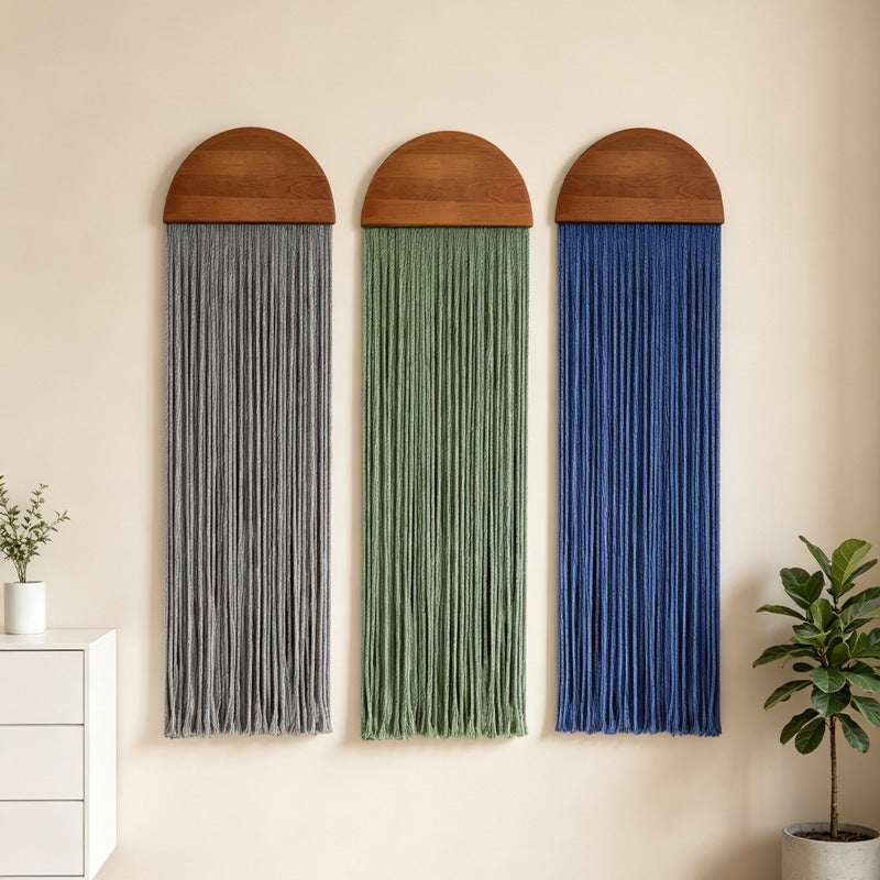 Bohemian Handwoven Cotton Wall Tapestry with Pine Wood Board and Tassels for Home Decor - Image 3