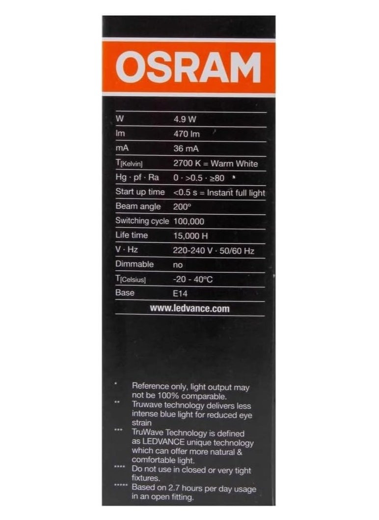 أوسرام مصباح أوسرام ليد CLSB40 شمعة 4.9 واط أبيض دافئ مصقول E14، OS-LED-CLB-4.9W-WW-FS  - Image 4