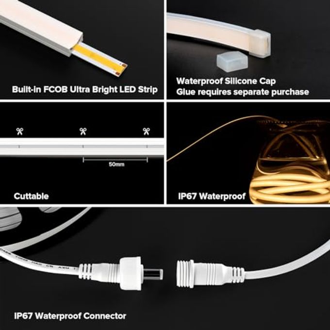 BTF-LIGHTING FCOB COB LED Strip IP67 Waterproof Flexible High Density Uniform Diffused Neon Light 16.4FT DC24V Warm White 2700K 480LED/m CRI 90+ for Indoor Decor(No Adapter or Controller) - Image 3