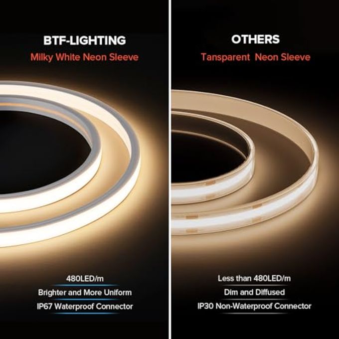 BTF-LIGHTING FCOB COB LED Strip IP67 Waterproof Flexible High Density Uniform Diffused Neon Light 16.4FT DC24V Warm White 2700K 480LED/m CRI 90+ for Indoor Decor(No Adapter or Controller) - Image 2