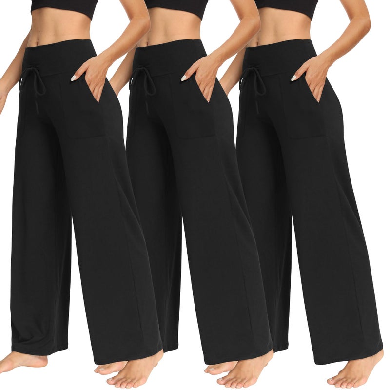 TNNZEET 3 Pack Women's Wide Leg Pants with Pockets - Casual Loose Yoga Trouser Pants Sweatpants Palazzo Lounge Pajama Pants Black, Black, Black - Image 1