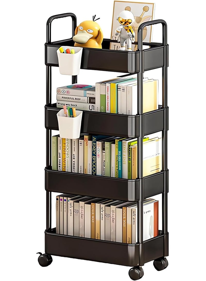 عربة بلاستيكية دوارة متعددة الاستخدامات بأربع طبقات مع مقبض، عربة تخزين متعددة الاستخدامات للمكتب، غرفة المعيشة، المطبخ، الحمام، منظم تخزين متحرك بعجلات وخطافات (أسود - أربع طبقات)