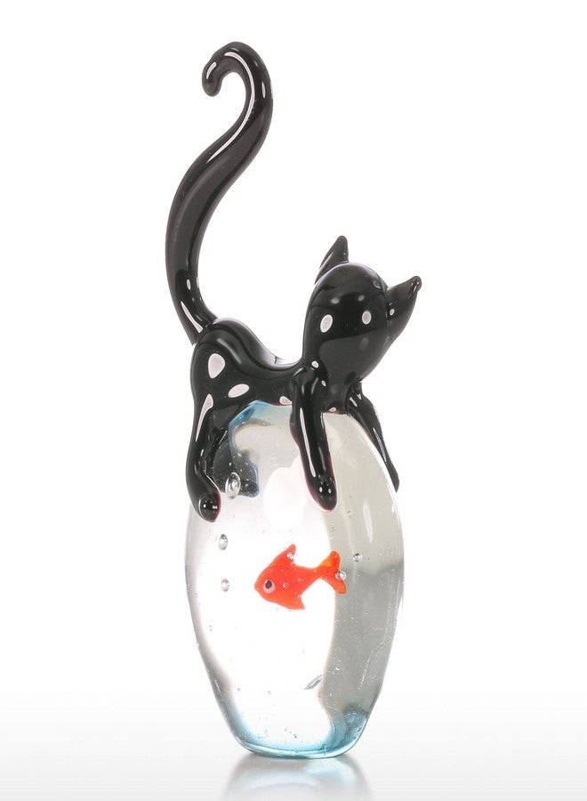 Tooarts Cat and Goldfish Sculpture Glass Ornament Cat Figurine Hand Blown, Christmas Birthday Gift [Black & Red] - Image 4