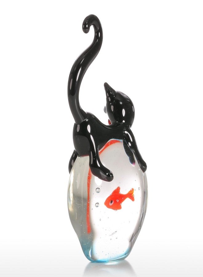 Tooarts Cat and Goldfish Sculpture Glass Ornament Cat Figurine Hand Blown, Christmas Birthday Gift [Black & Red] - Image 3