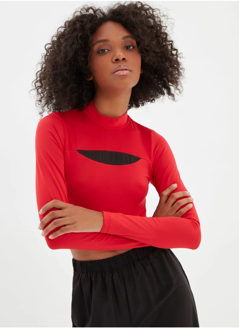 trendyol High Neck Cut Out Detail Crop Sweatshirt