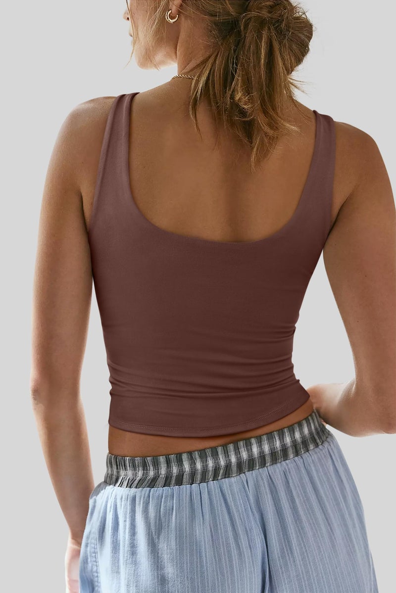 REORIA Tank Tops for Women Double Lined V Neck Summer Sleeveless Casual Basic 2026 Trendy Crop Workout Going Out Clothes Coffee Large - Image 5
