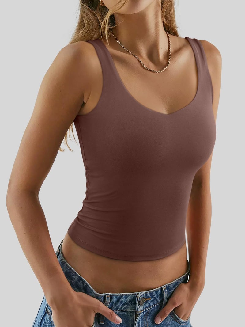 REORIA Tank Tops for Women Double Lined V Neck Summer Sleeveless Casual Basic 2026 Trendy Crop Workout Going Out Clothes Coffee Large - Image 4